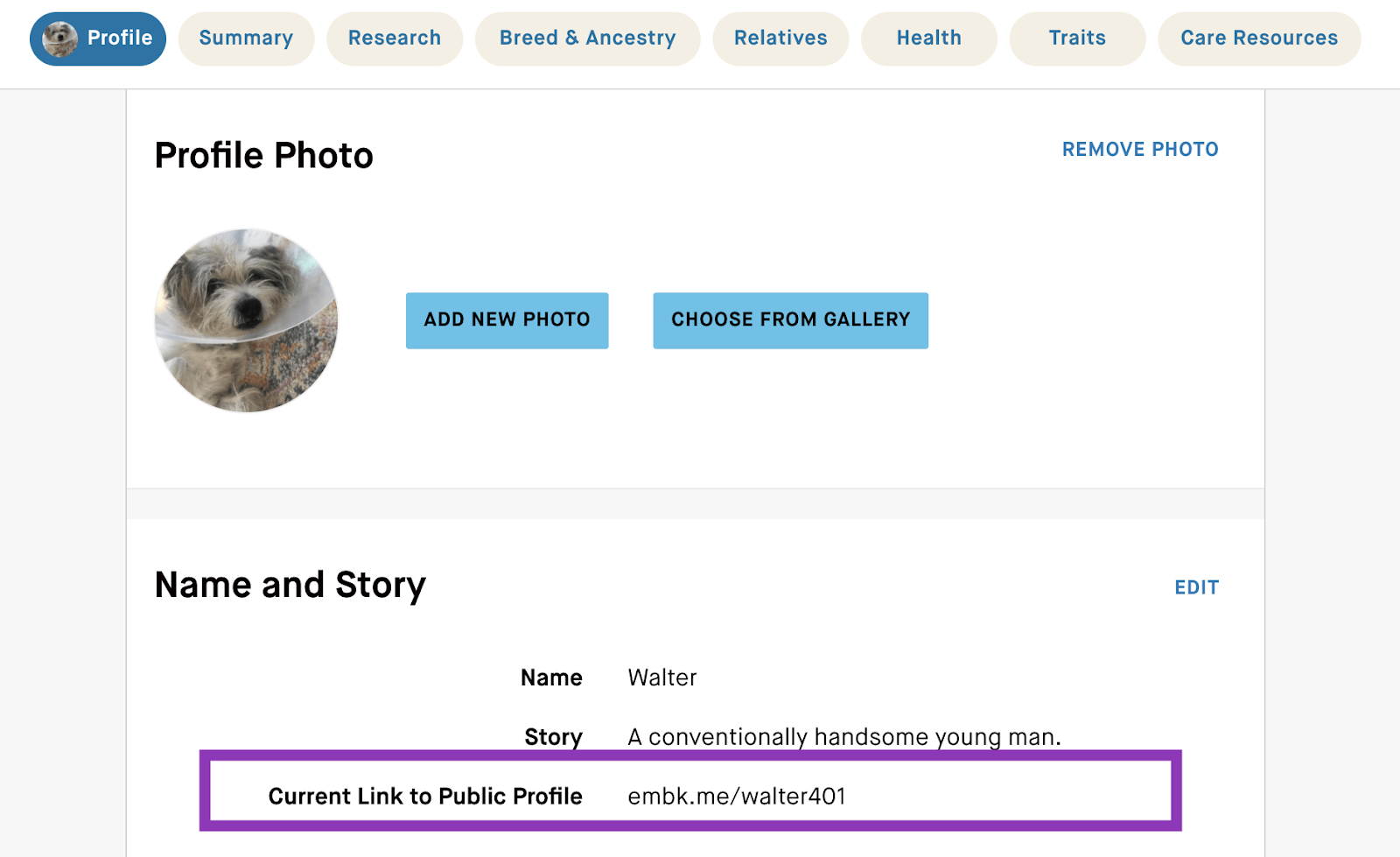 What is my dog's profile URL? Embark