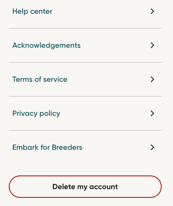 Delete my account button at the bottom of the panel that opens. 