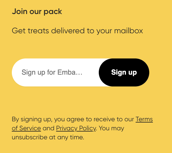 Email Sign Up Box from Embark Homepage
